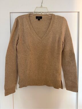 J. Crew Tan V-Neck Sweater with Black Leather Arm Patches